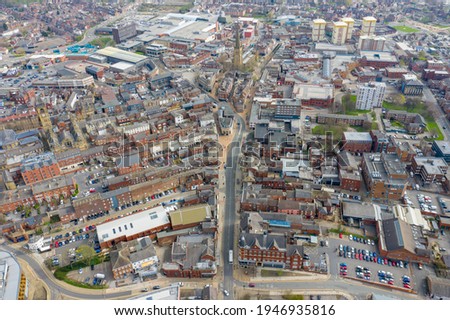 Aerial photo of the British town of Wakefield in West Yorkshire in the UK showing the main street and main road through the city centre taken in the spring time