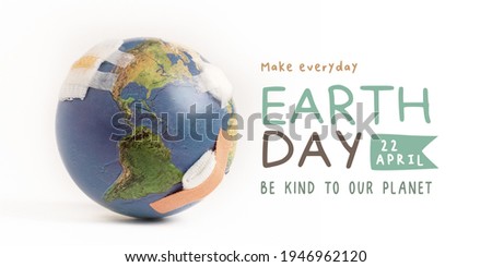 Earth Day campaign, ready to use poster, banner for global warming awareness. April 22. A beautiful broken globe with bandage on white background. Net zero 2050, Pandemic, Environmental crisis. Royalty-Free Stock Photo #1946962120
