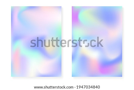 Holographic gradient background set with hologram cover. 90s, 80s retro style. Iridescent graphic template for brochure, banner, wallpaper, mobile screen. Hipster minimal holographic gradient.