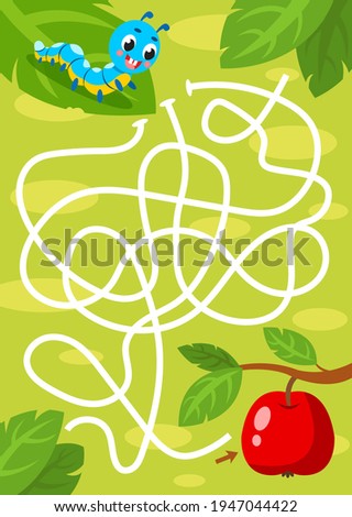 Help the caterpillar hit the apple. Maze game for children. Vector illustration.