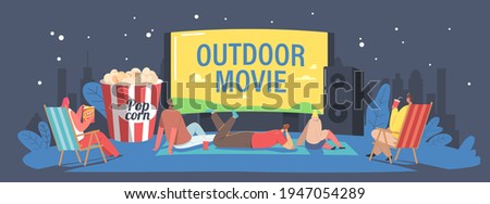 Characters Spend Night with Friends at Outdoor Movie Theater. People Watching Film on Big Screen with Sound System. Open Air Cinema at House Backyard or City Park Concept. Cartoon Vector Illustration