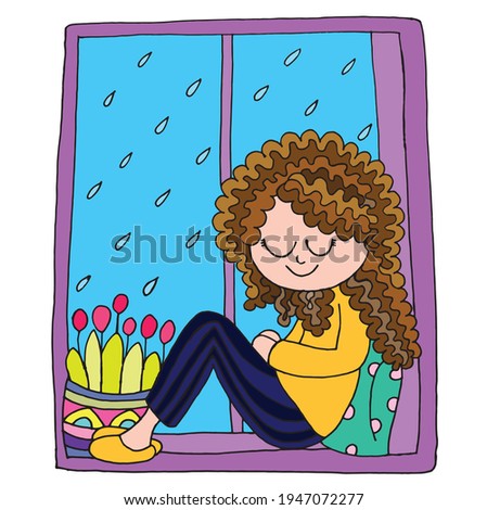 Cute girl near the window on a rainy day. Vector illustration.