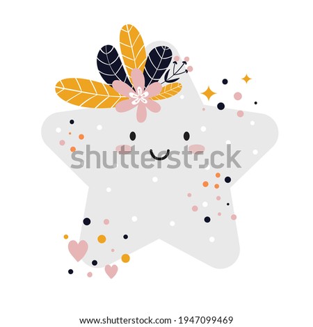 Little cute smiling star with hearts and flowers. Hand drawn vector illustration isolated on white background. Perfect for kids,  nursery posters, cards, print, t-shirt, textile.
