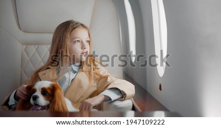 Portrait of cute preteen girl travelling with cocker spaniel dog by commercial airplane. Adorable child with pet sitting in first class jet flying alone Royalty-Free Stock Photo #1947109222