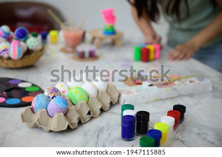young family people making easter egg in holiday at home, decoration background, spring colours rabbit tradition, children happy celebration art creative design with easter day
