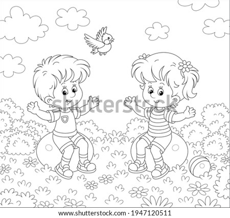 Cheerful cute little kids doing exercises on big fitness balls in a gymnastic lesson on a playground in a summer park, black and white outline vector cartoon illustration