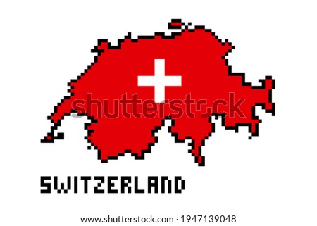 2d 8 bit pixel art Switzerland map covered with flag isolated on white background.Old school vintage retro 80s, 90s platform computer, video game graphics.Slot machine design element.Country geography