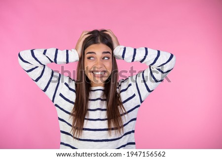 Surprised amazing woman isolated on pink background. Happiness and excitement concept. Close-up portrait of beautiful cheerful optimistic amazed lady wow gesture isolated 