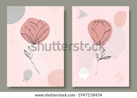 Flowers drawn in one line with abstract geometric shapes. Two modern vector backgrounds in pastel colors. Variant of card, package, label, cover design. Applique on fabric, glass, paper. 