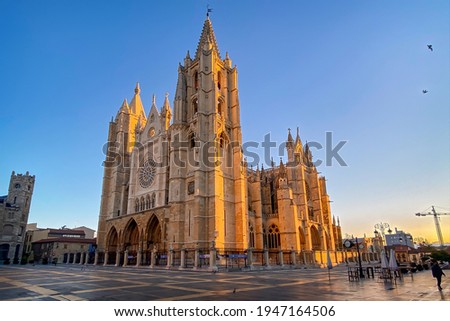 Beautiful Gothic Cathedral of León Basking in the Light at Sunrise on the Way of St James - Camino de Santiago Royalty-Free Stock Photo #1947164506