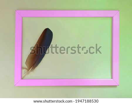 Pink frame with inserted parrot feather. Green gradient background.