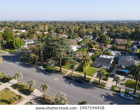 Aerial view above Pasadena neighborhood in northeast of downtown Los Angeles, California, USA Royalty-Free Stock Photo #1947194458