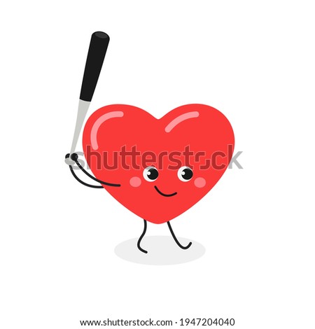 Confident cartoon heart baseball player batter ready to strike the ball. Vector flat illustration isolated on white background