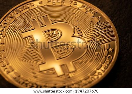 Bitcoin coins closeup. Golden Crypto coins. Cryptocurrency and Blockchain cncept. Digital Gold
