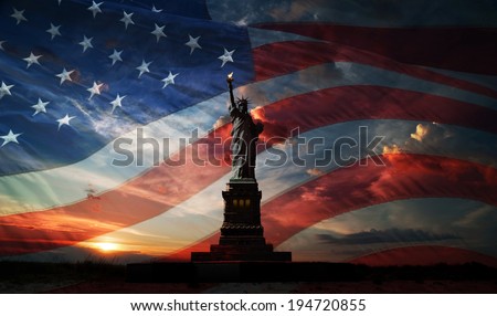 Statue of Liberty on the background of flag usa and sunrise Royalty-Free Stock Photo #194720855