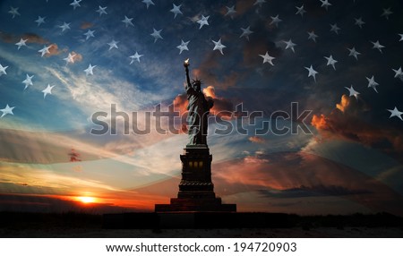 Statue of Liberty on the background of flag usa and sunrise Royalty-Free Stock Photo #194720903