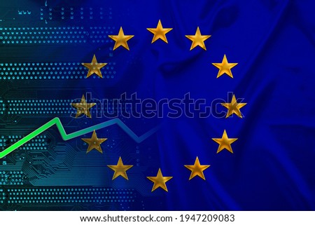 national flag of eu on silk with folds, green electronic printed circuit board PCB, growth arrow, modern technology concept, business, economics, politics, global world trade