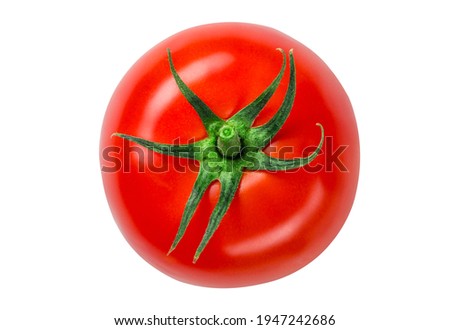 Tomato with green leaf. Fresh organic red tomatoes. Farm Vegetable. Full depth of field. Macro photo object Isolated on white or transparent background.