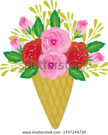 beautiful bucket flower pink and red roses in the cone