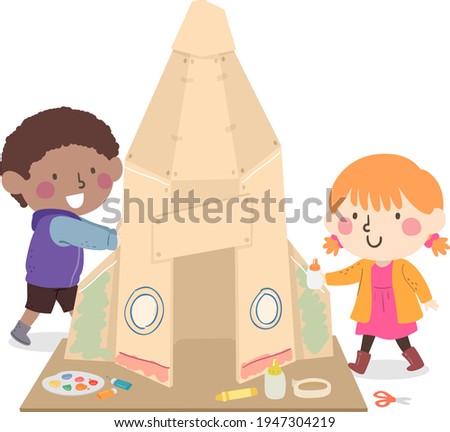 Illustration of Kids Making Rocket Ship from Cardboard with Glue, Tape, Crayon and Paint