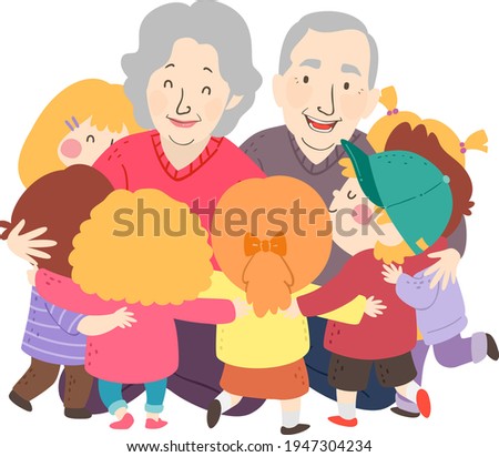 Illustration of Kids Hugging their Grandmother and Grandfather. Senior Man and Woman Hugging their Grand Kids