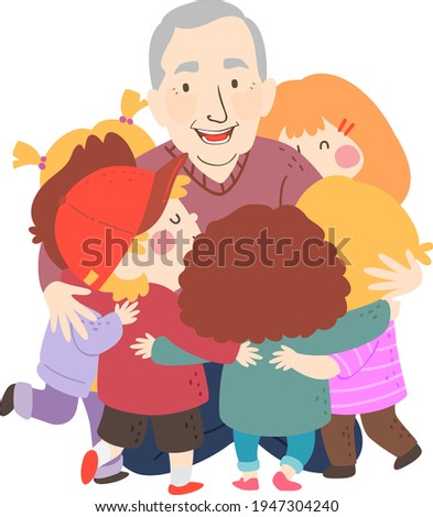 Illustration of Kids Hugging their Grandfather. A Senior Man Happily Hugging His Grand Kids
