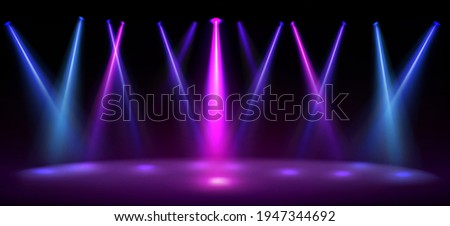 Stage illuminated by blue and pink spotlights. Empty scene with spots of light on floor. Vector realistic illustration of studio, theater or club interior with color beams of lamps Royalty-Free Stock Photo #1947344692