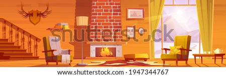 Chalet house interior with fireplace and mountains behind window. Vector cartoon illustration of traditional lodge, mountain cottage living room with chairs and horns on wall Royalty-Free Stock Photo #1947344767