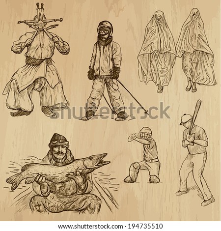 People and Natives around the World (vector pack no.21). Collection of an hand drawn illustrations (originals). Each drawing comprises of two layers of outlines, the colored background is isolated.