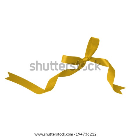 Yellow gold ribbon bow on white background.