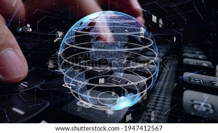 Man working on computer keyboard with graphic of internet network modernization showing concept of 5G wireless connection and social media .