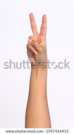 The girl's hands show various gestures on white background