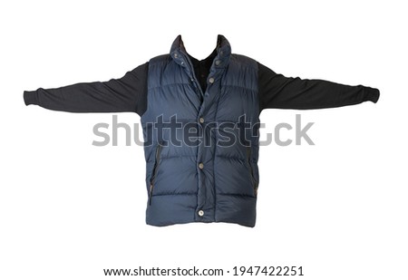 dark blue sleeveless jacket and black sweater isolated on white background. casual wear
