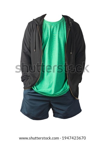 black sweatshirt with iron zipper hoodie,retro heather green t-shirt and dark blue sports shorts isolated on white background. casual sportswear