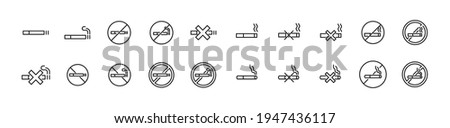 Premium pack of no smoking line icons. Stroke pictograms or objects perfect for web, apps and UI. Set of 20 no smoking outline signs. 