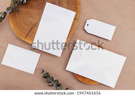 Template for branding identity. Natural materials and blank paper cards, top view. For graphic designer, presentations and portfolios.
