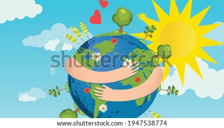 Illustration of globe with arms around over sun and clouds on blue background. environment, global warming and climate change concept digitally generated image.