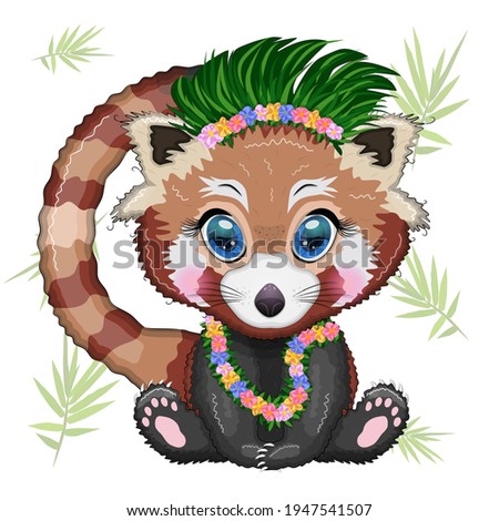 Red panda in hawaiian hula dancer outfit, vacation, summer concept.