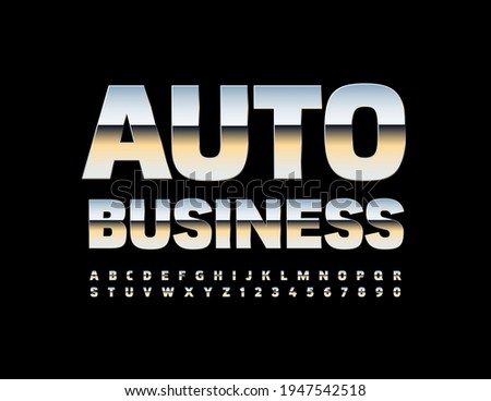 Vector silver Emblem Auto Business. Modern Metallic Font. Artistic Alphabet Letters and Numbers