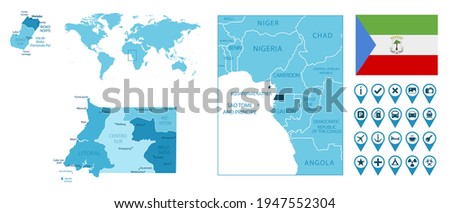 Equatorial Guinea detailed administrative blue map with country flag and location on the world map.
