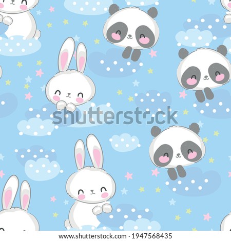Hand Drawn cute Panda bear and Bunny seamless Pattern, print design background, children print textile design vector illustration Little Rabbit and Teddy