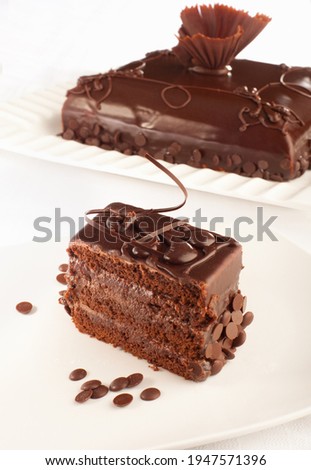 A styled Chocolate cake and a piece of that cake in front of it.