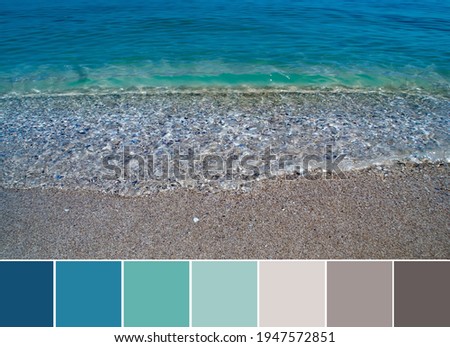 Color palette swatches of seascape of turquoise green dark blue sea water and brown beige sand. Cool summer gamma of pastel ground tones, natural colorful inspiration for styling decoration and design