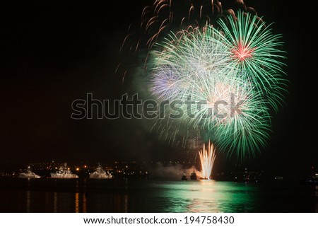 Fireworks in the night sky over water