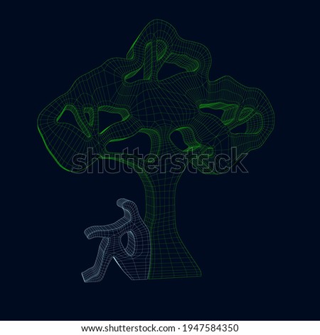 Wireframe abstract green tree with a man sitting near it. 3D. Vector illustration