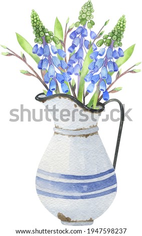 Watercolor spring bouquets with pink tulips, narcissus, hyacinth, leaves. Flower arrangement, Wedding invitation clip art