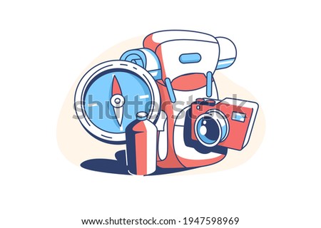 Set for travel vector illustration. Compass bottle with water and backpack flat style. Simple collection for trip. Holiday and relaxation concept. Isolated on white background