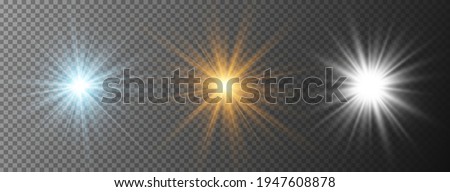Set of realistic starburst lighting isolated on transparent background. Glow blue, yellow, white light effect. Glowing light burst explosion. Bright star illuminated. Flare effect with ray sparkles Royalty-Free Stock Photo #1947608878