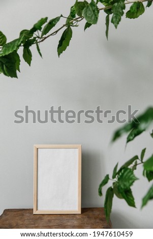 light wooden frame for photography in the interior with a plant