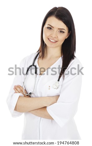 young woman doctor, smiling, isolated on white background